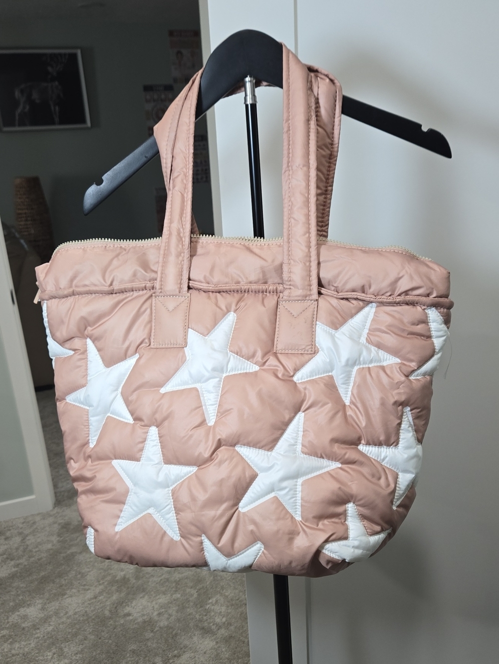 Sincerely Jules Pink Quilted Star Tote with White Stars